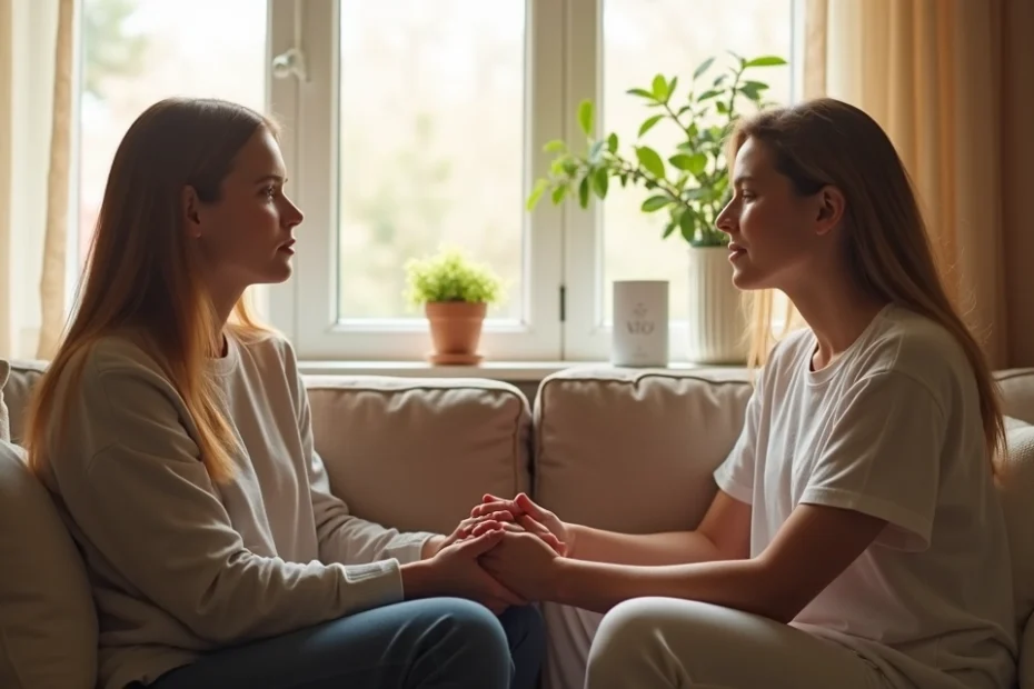 Two people sitting close, holding hands supportively in a cozy living room