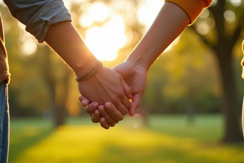 Two people holding hands standing together outdoors with soft natural lighting
