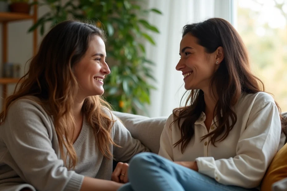Two women sitting closely on a couch having a warm conversation with soft natural lighting and a cozy living room background