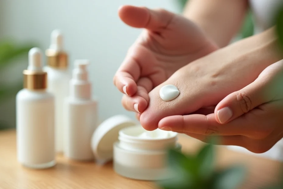 Close-up of hands applying moisturizer on clean facial skin with skincare products in the background