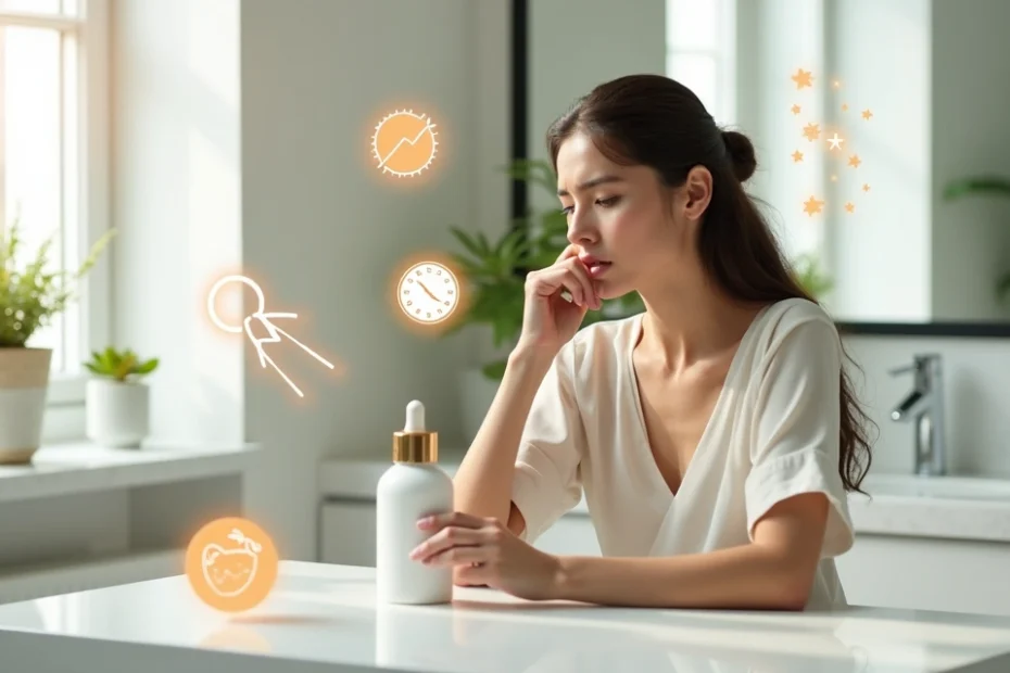 Woman examining skincare products with confused expression surrounded by myth symbols