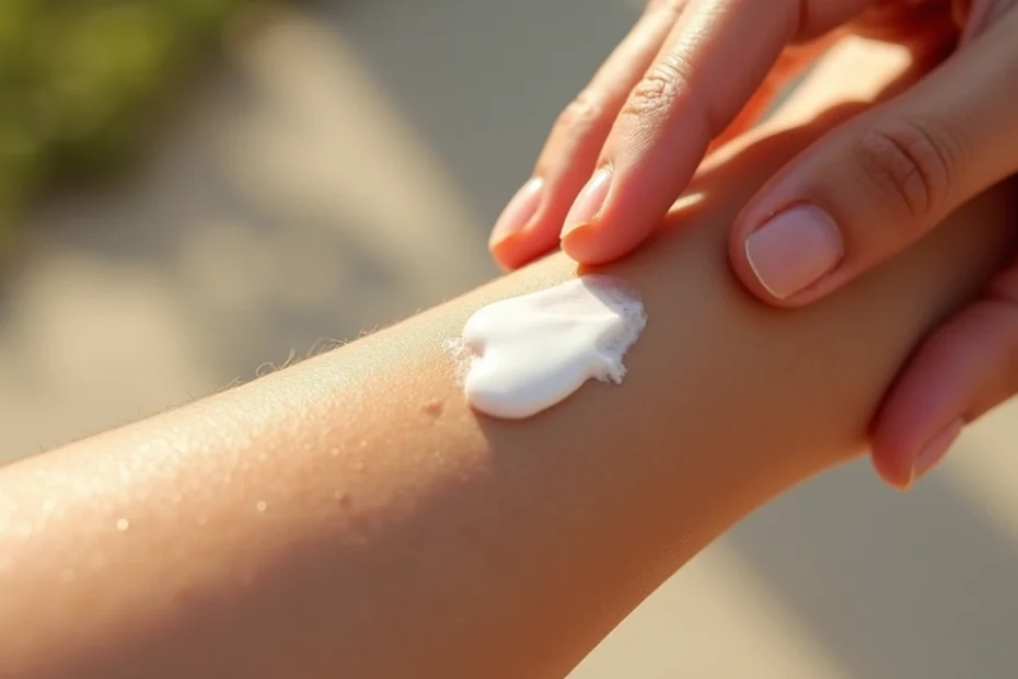 Hand applying sunscreen lotion on forearm under natural daylight