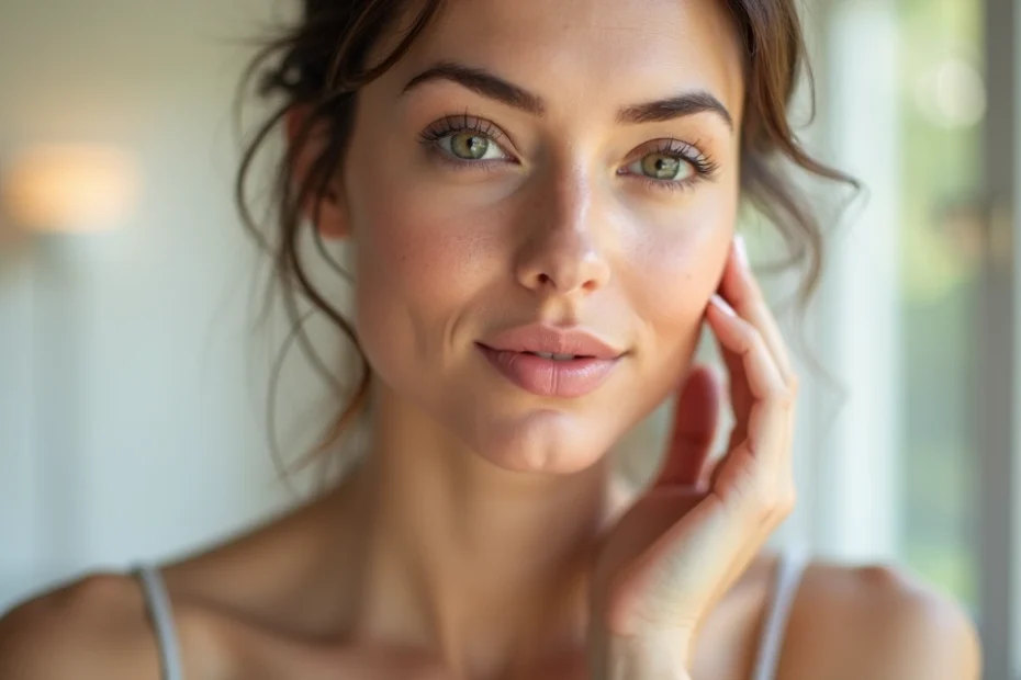 Close-up of adult woman gently touching her glowing facial skin in bright natural light