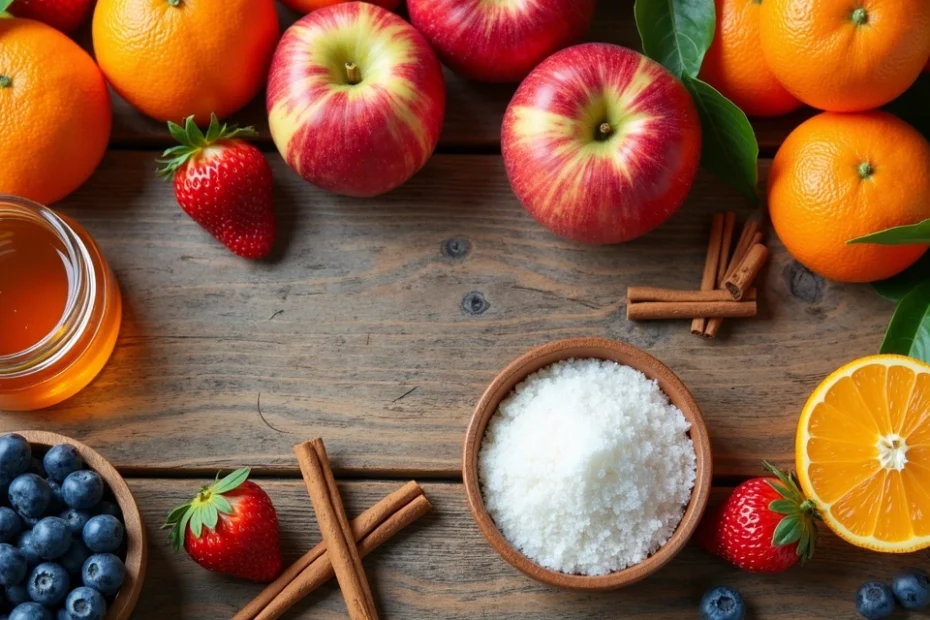 Fresh fruits and natural sweeteners arranged on a wooden table
