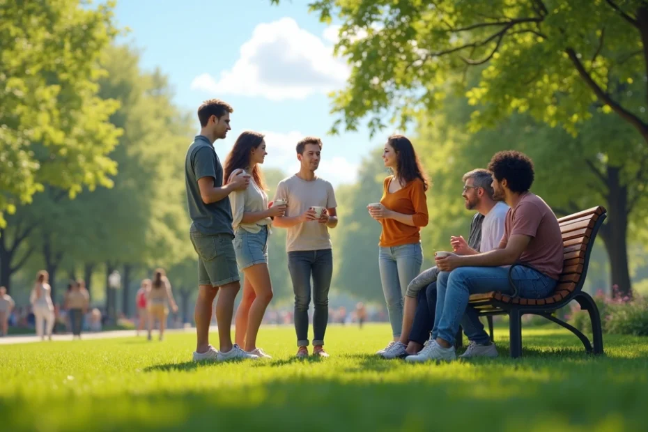 Group of friends smiling and talking together outdoors in a sunny park