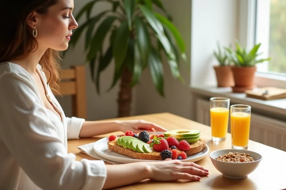 Woman enjoying a nutritious breakfast at a wooden table with fruits and grains