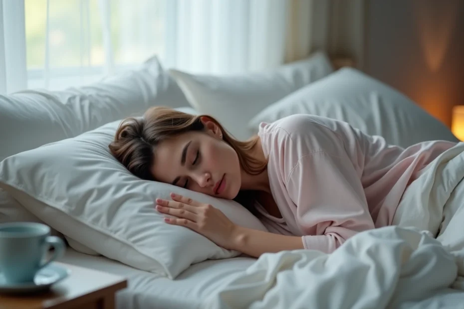 Woman lying in bed awake with a thoughtful expression in soft morning light