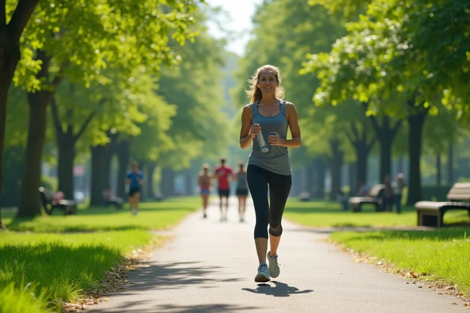 Woman walking on a paved park path surrounded by green trees and sunlight