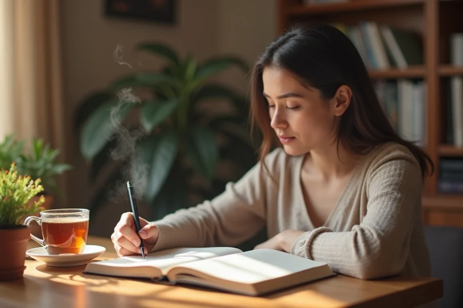 Woman writing in a journal at a wooden desk with pen and notebook