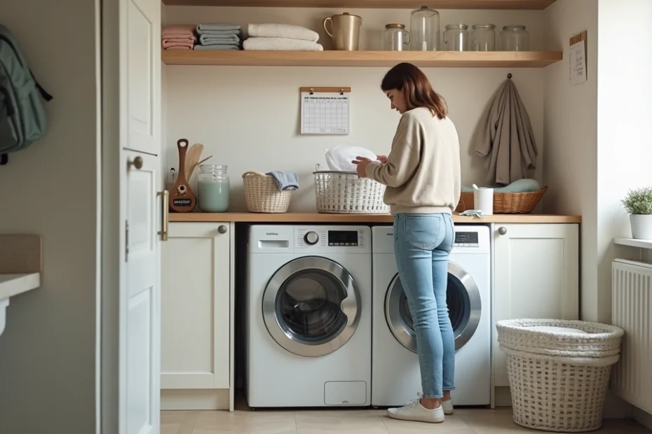 Woman organizing laundry in a bright family laundry room with baskets and washing machine