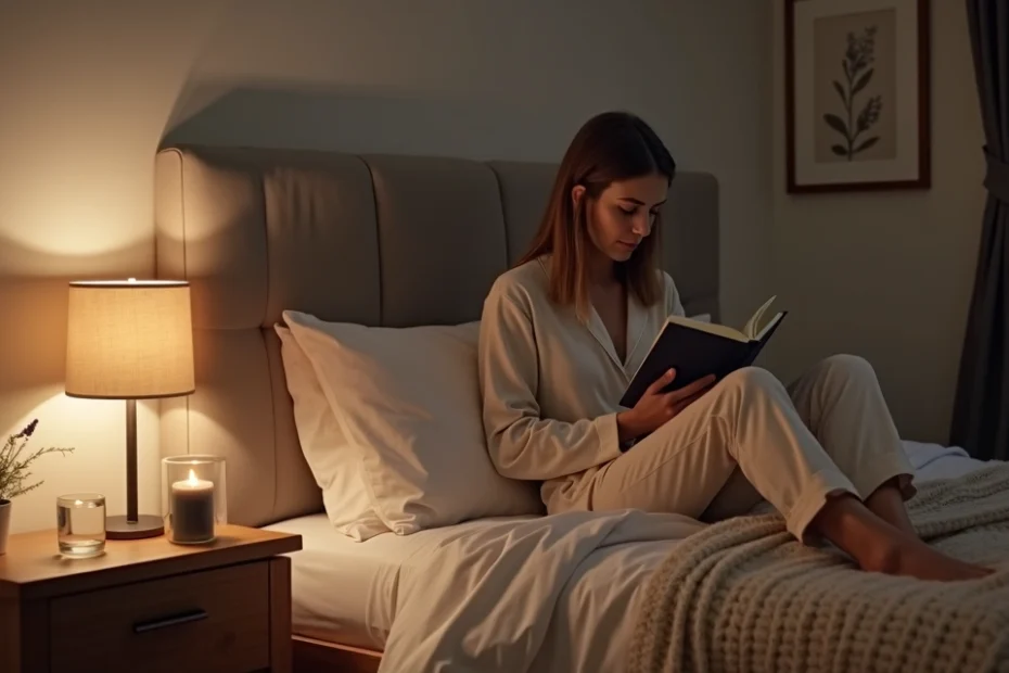 Woman reading in a softly lit bedroom before sleep