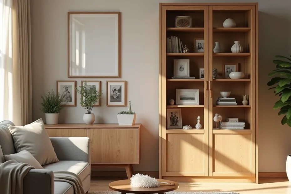 Organized glass cabinet with dust free collectibles in a cozy living room