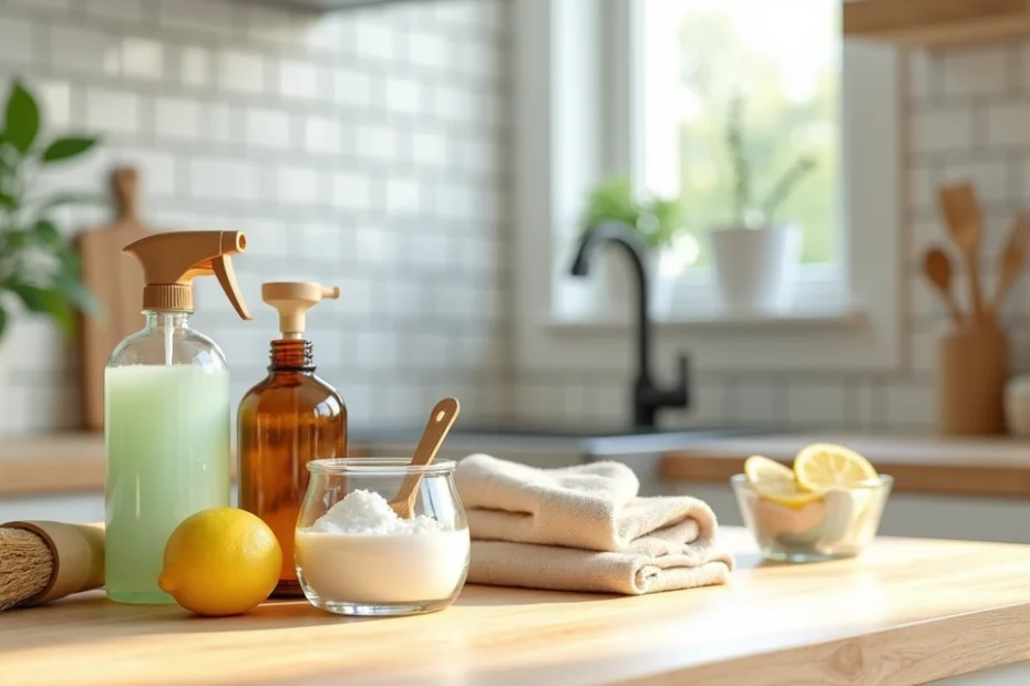 Natural cleaning products and reusable tools on a bright kitchen counter