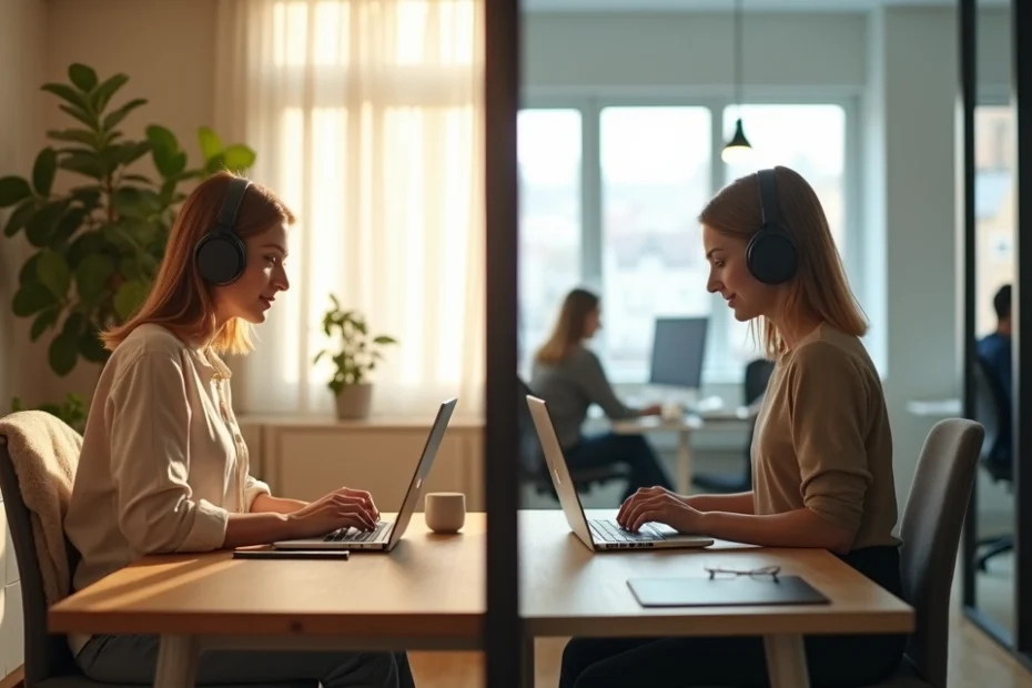 Woman working at desk between home office and shared coworking space