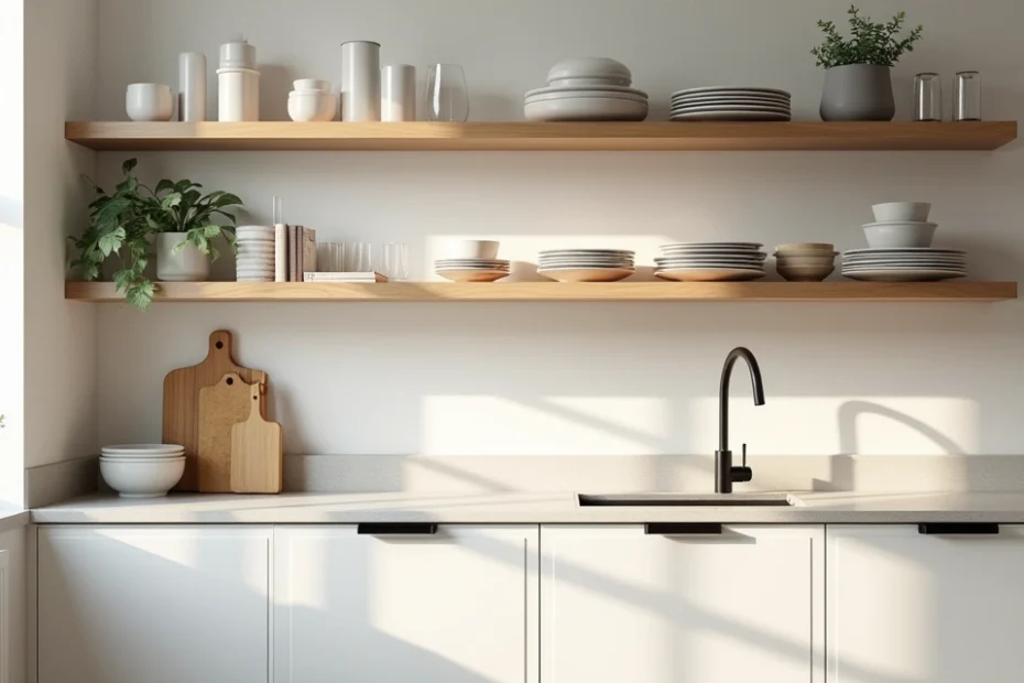 Bright modern kitchen with neatly styled open shelves above a countertop