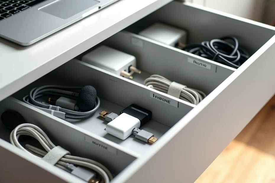 Neatly organized cables and chargers in labeled compartments of a drawer