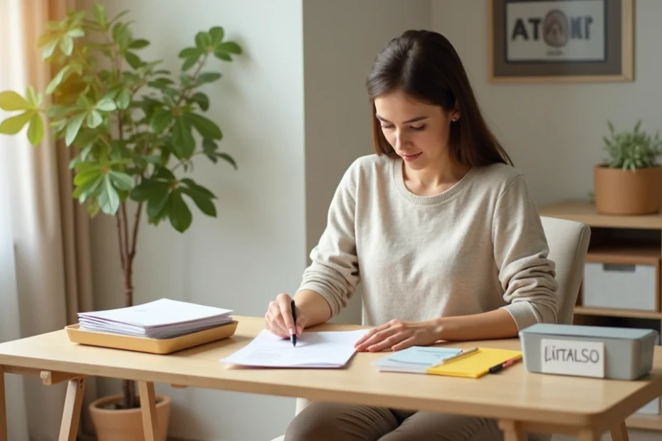 Woman sorting mail and paperwork at a tidy home desk