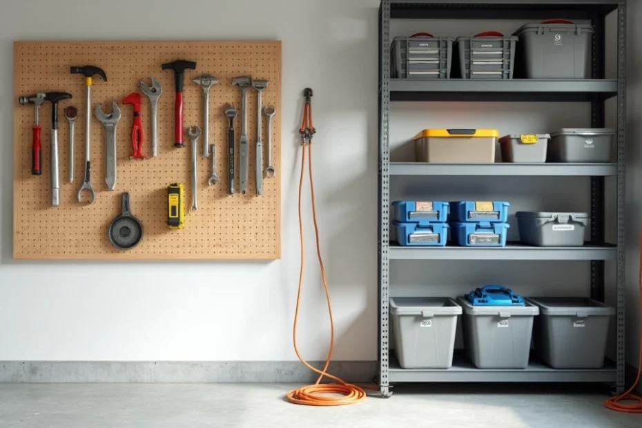 Well organized household tools on wall pegboard and shelves in a bright garage