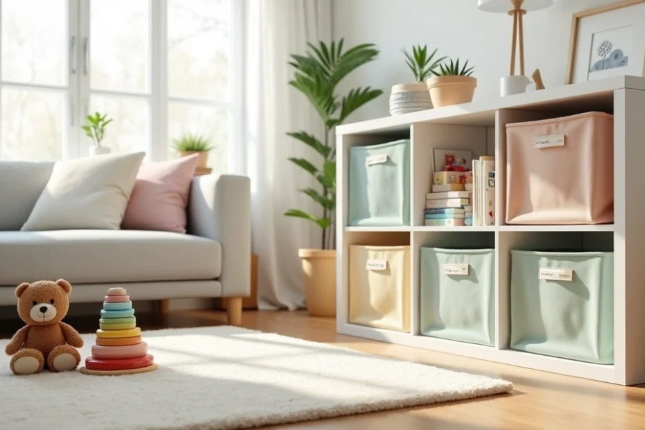 Modern living room with neatly organized kids’ toys in open shelves and baskets