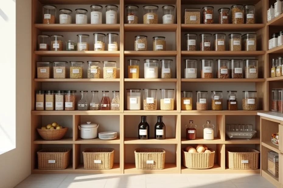 Modern kitchen pantry with neatly organized labeled containers on wooden shelves