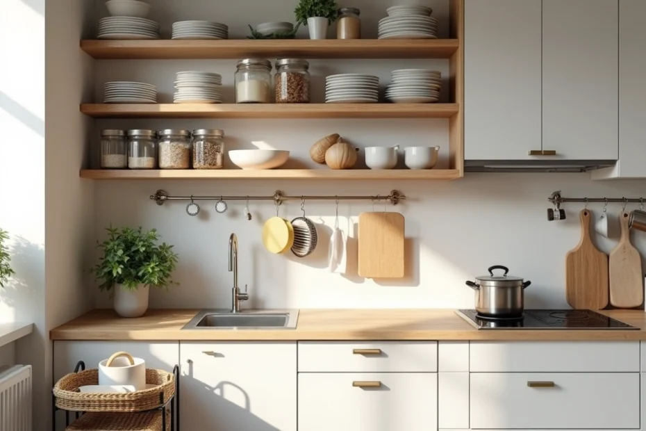 Small modern kitchen with clever vertical storage and neatly organized shelves