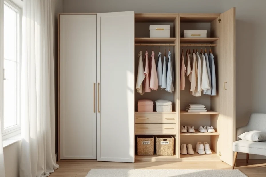 Neatly organized wardrobe with clothes and storage boxes in a bright bedroom
