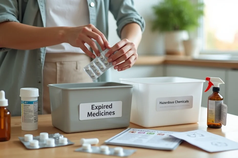 Woman sorting old medicines and chemicals into labeled disposal containers at home