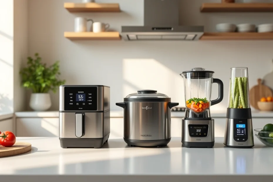 Modern kitchen counter with various smart meal prep gadgets neatly arranged