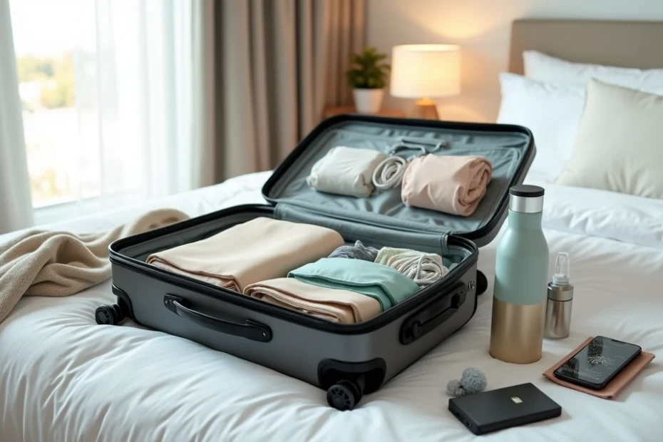 Open suitcase neatly packed with travel essentials on a bed