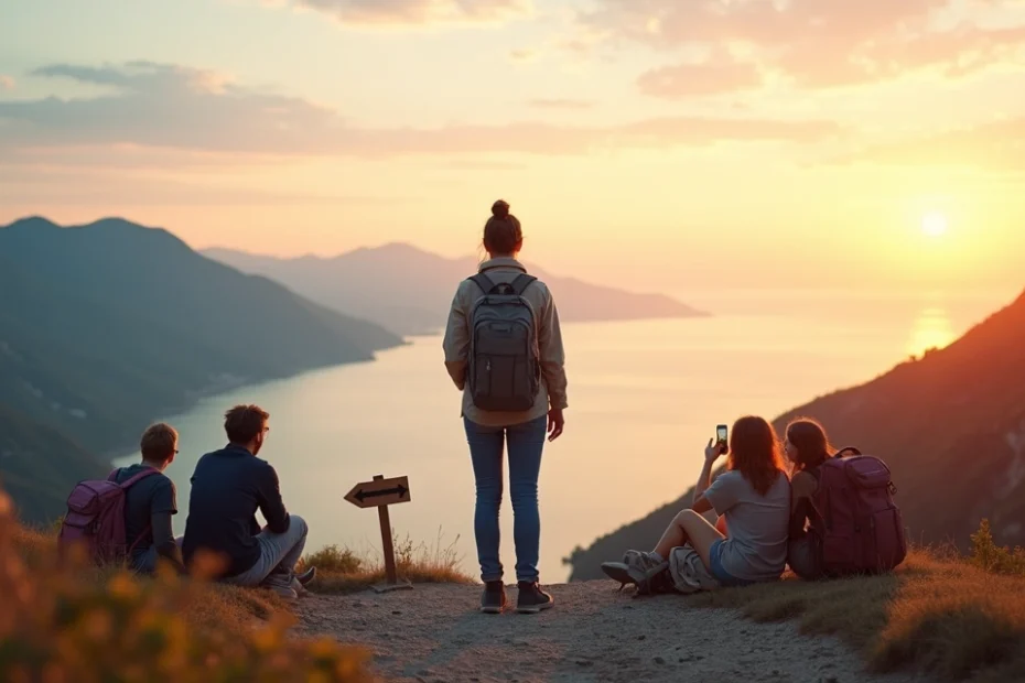 Woman standing between solo backpacker and group of friends on scenic overlook