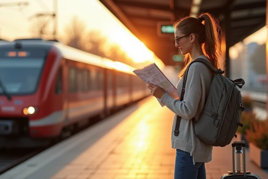 Solo woman with backpack planning a budget weekend trip at a scenic train station