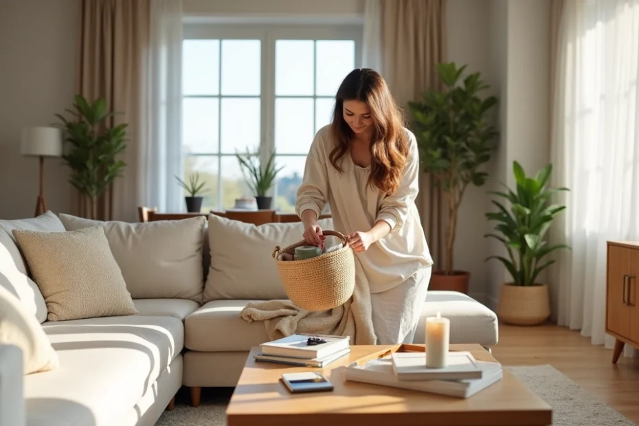 Woman tidying a bright living room with cozy decor