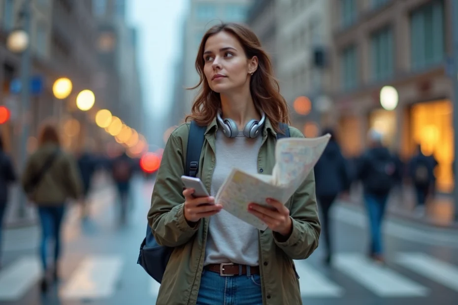 Woman traveler in city street checking map and staying aware of surroundings