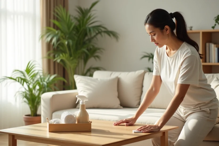 Woman tidying a bright living room with cleaning supplies neatly organized