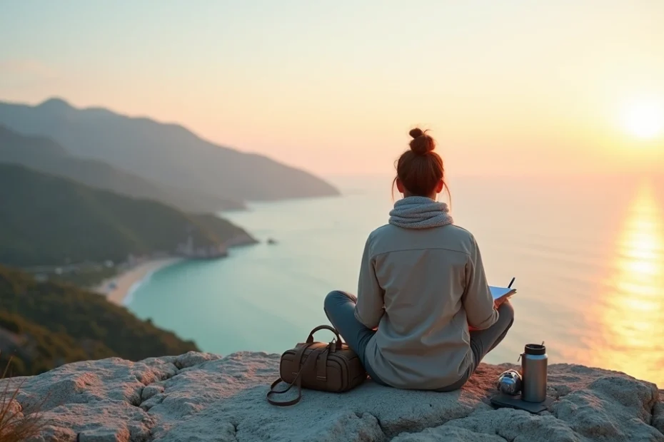 Woman sitting on a cliff overlooking the sea at sunset, journaling and relaxing